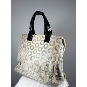 Kate Landry Circle Jacquard Tote Bag Black Patent Handles Beige Blue Large